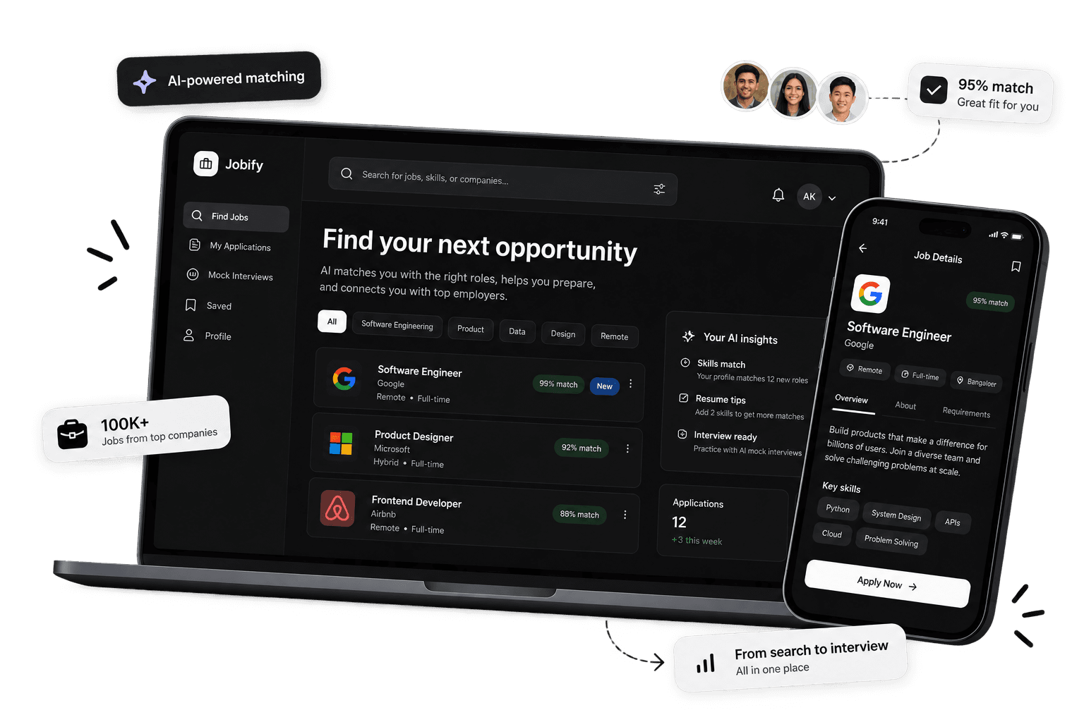 Jobify product preview showing AI-matched job listings on desktop and mobile
